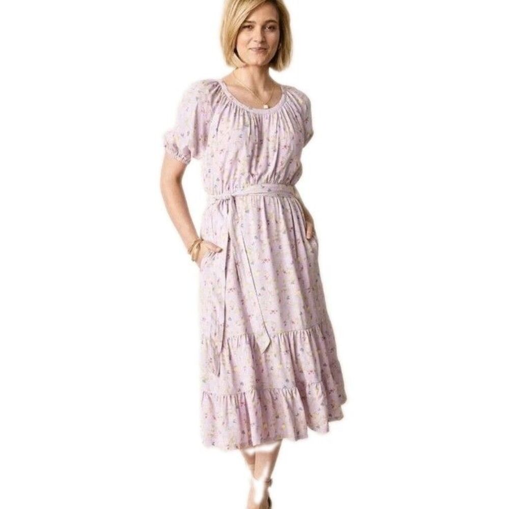 Matilda Jane Enchanted Garden Artist Purple Floral Ruffle Hem Midi Dress L EUC